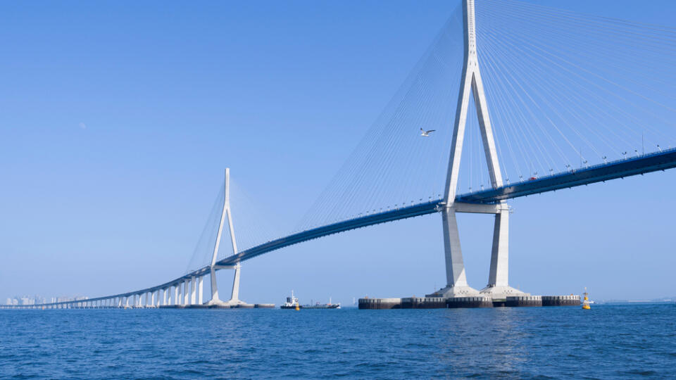 Low,Angle,View,Of,Incheon,Bridge,On,The,Sea,At