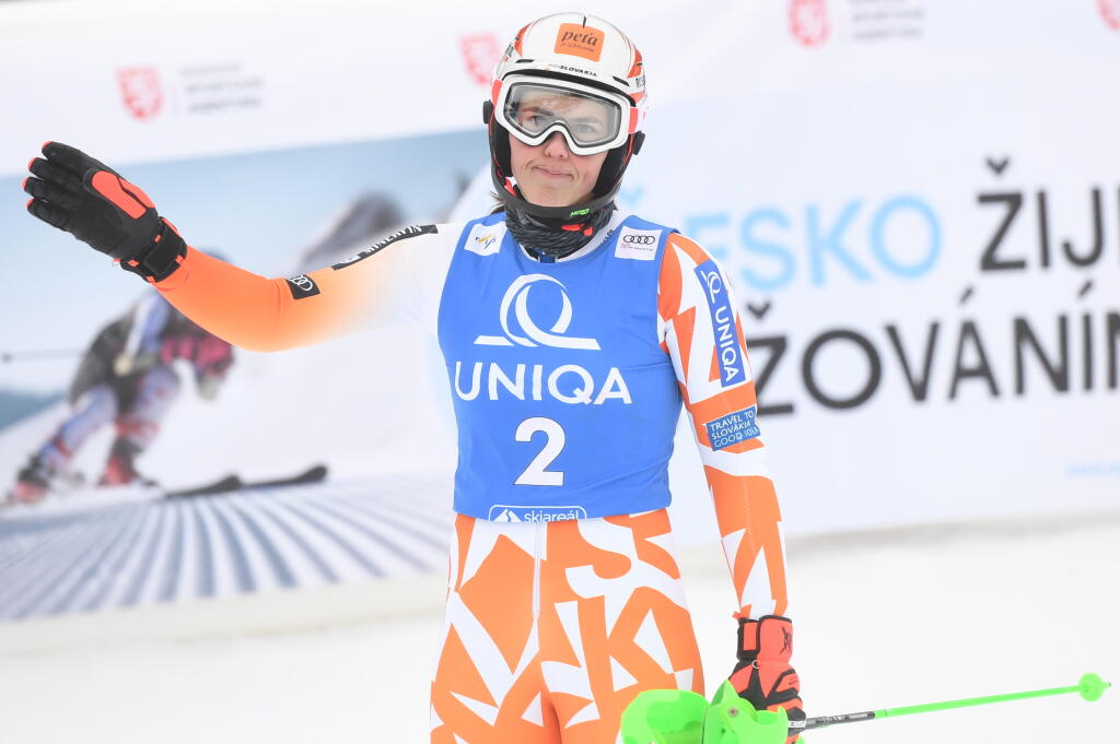 Na snímke slovenská lyžiarka Petra Vlhová reaguje v cieli po 2. kole slalomu žien Svetového pohára v alpskom lyžovaní v českom Špindlerovom Mlyne v nedeľu 29. januára 2023. FOTO TASR - Martin Baumann