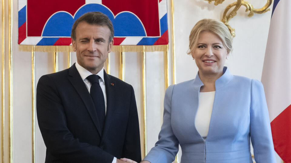 French President Emmanuel Macron arrived on Wednesday at the invitation of Slovak President Zuzana Čaputová for an official two-day visit to Slovakia.  In the picture, from the right, President of the Slovak Republic Zuzana Čaputová and French President Emmanuel Macron shake hands after a joint press conference in the Presidential Palace in Bratislava on Wednesday, May 31, 2023. PHOTO TASR - Martin Baumann