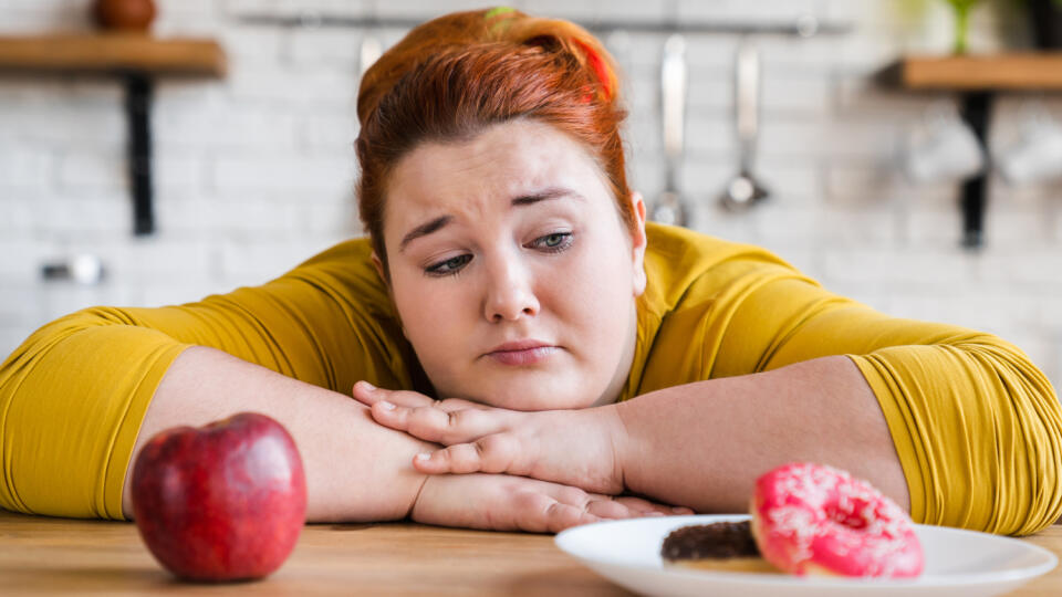 Sad,Plump,Fat,Woman,Choosing,Between,Sweets,And,Fruits,,Healthy