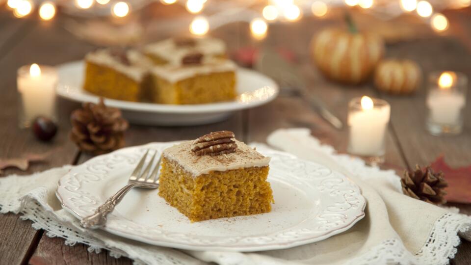 Pumpkin Spice Cake Autumn Holiday Dessert on Old Wood Background