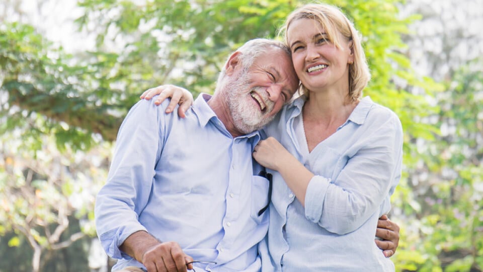 Happy,Old,Elderly,Caucasian,Couple,Smiling,In,Park,On,Sunny