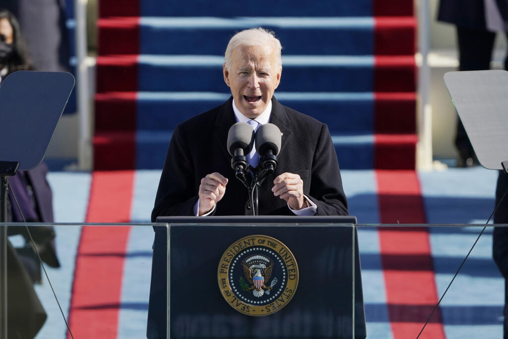 Joe Biden počas inauguračného prejavu na inaugurácii 46. prezidenta USA Joea Bidena a 49. viceprezidentky Kamaly Harrisovej.