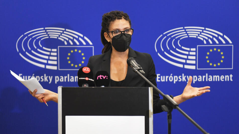 Na snímke europoslankyňa Lucia Ďuriš Nicholsonová počas tlačovej konferencie na tému Zhodnotenie trojdňovej návštevy na východe Slovenska.