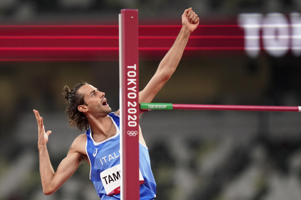aliansky atlét Gianmarco Tamberi počas finále v skoku do výšky na OH2020 v Tokiu.