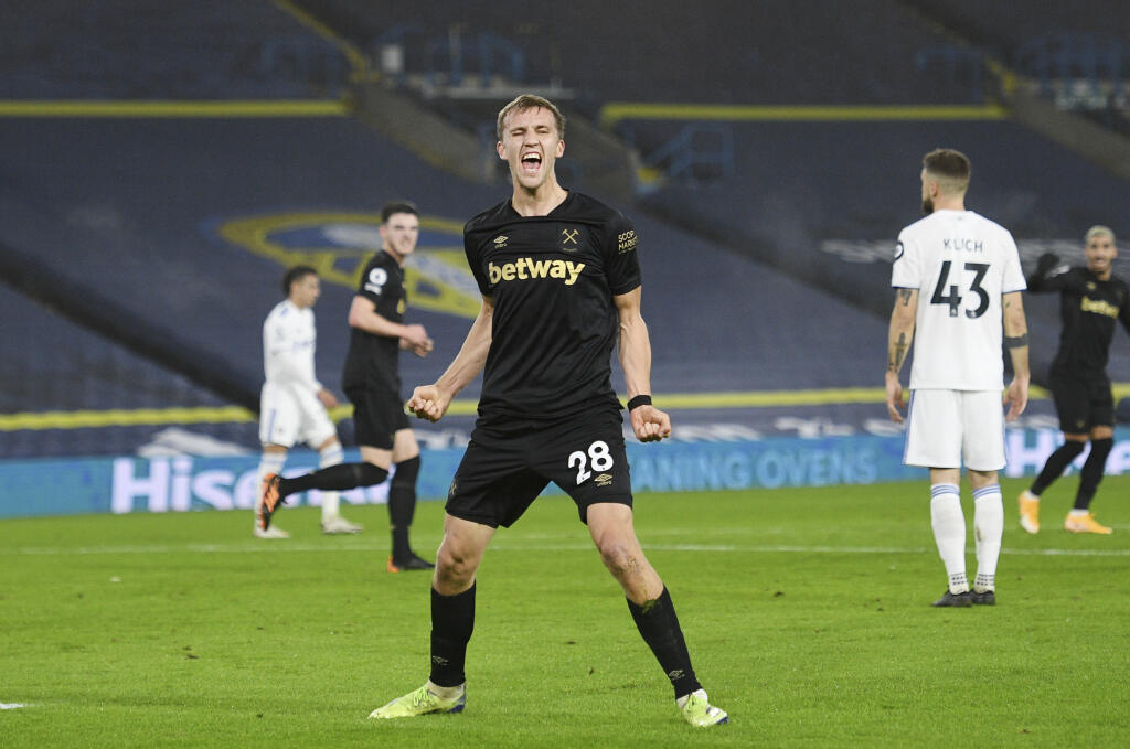 WA 44 Leeds - Futbalista West Hamu Tomáš Souček sa teší po strelení gólu v zápase 12. kola anglickej Premier League Leeds United - West Ham v meste Leeds v piatok 11. decembra 2020. FOTO TASR/AP
West Ham's Tomas Soucek celebrates after scoring his side's opening goal during the English Premier League soccer match between Leeds United and West Ham at Elland Road stadium in Leeds, England, Friday, Dec. 11, 2020. (Oli Scarff, Pool via AP)