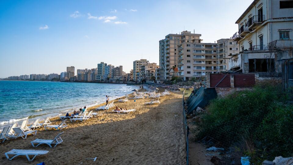 Abandoned buildings in the ghost town Varosha (Kapali Maras) district from Palm Beach. Famagusta (Gazimagusa), Northern Cyprus - November 8 2023.