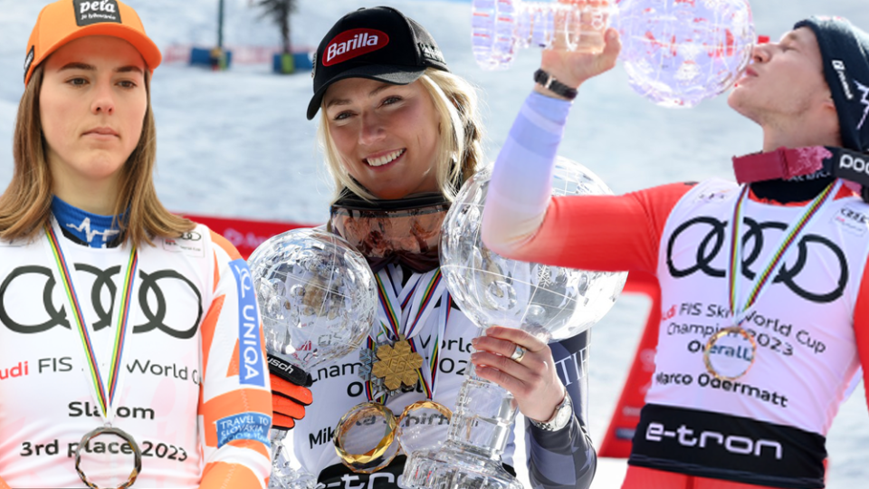 Zľava Petra Vlhová, Mikaela Shiffrinová a Marco Odermatt.