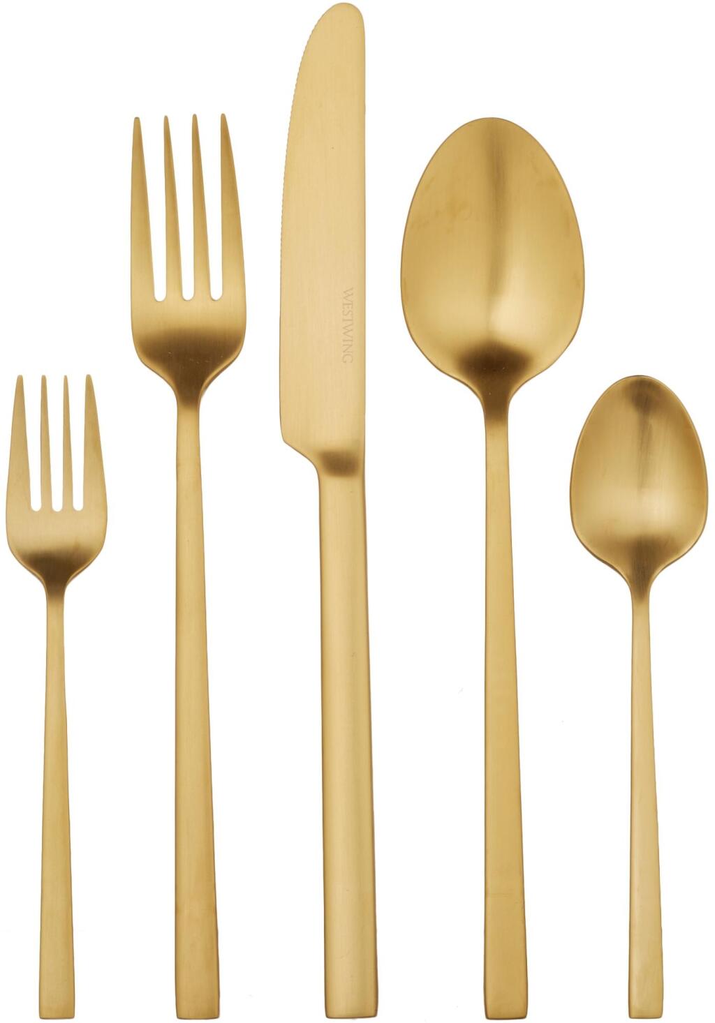 Súprava matného príboru v zlatej farbe Shine, www.westwingnow.sk, 89 €