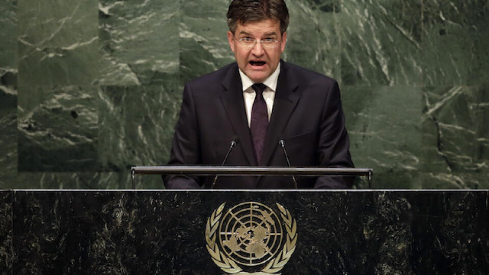 Miroslav Lajcak, Deputy Prime Minister and Foreign Minister of Slovakia, addresses the 2015 Nuclear Nonproliferation Treaty (NPT) review conference, in the United Nations General Assembly, Monday, April 27, 2015. (AP Photo/Richard Drew)