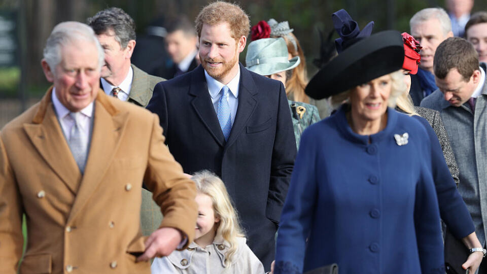 KING'S LYNN, ENGLAND - DECEMBER 25:  (L-R)  Prince Charles, Prince of Wales, Savannah Phillips, Prince Harry and Camilla, Duchess of Cornwall attend a Christmas Day church service at Sandringham on December 25, 2016 in King's Lynn, England.  (Photo by Chris Jackson/Getty Images)