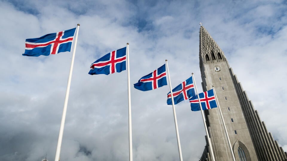 Hallgrimskirkja Cathedral and Icelandic Flags in Reykjavik, Iceland