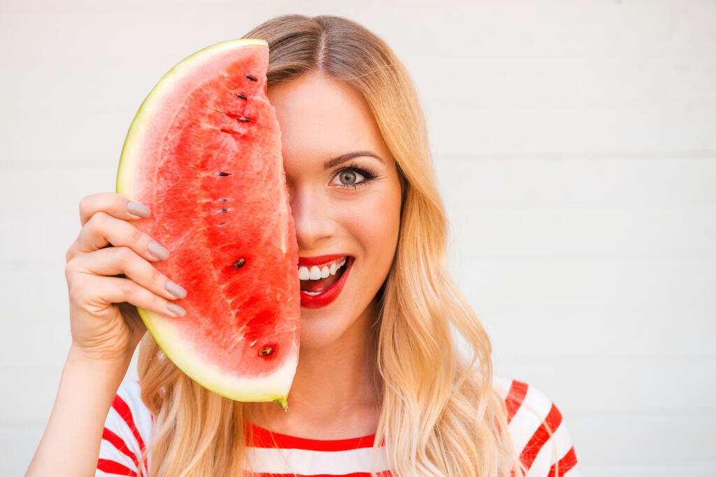 Summer,Taste.,Cheerful,Young,Woman,Holding,Slice,Of,Watermelon,Against