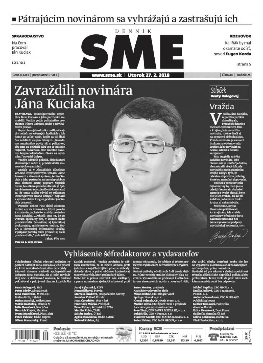 Denníky vyšli po vražde novinára s čiernobielymi titulkami