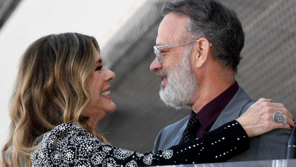 HOLLYWOOD, CALIFORNIA - MARCH 29: Rita Wilson and Tom Hanks embrace as Wilson is honored with a star on the Hollywood Walk of Fame on March 29, 2019 in Hollywood, California. (Photo by Frazer Harrison/Getty Images)