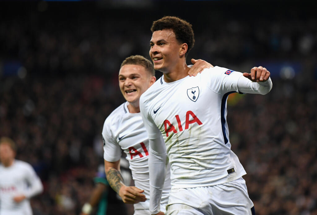 LONDON, ENGLAND - NOVEMBER 01: Dele Alli celebrates scoring his side's first goal with Kieran Trippier of Tottenham Hotspur during the UEFA Champions League group H match between Tottenham Hotspur and Real Madrid at Wembley Stadium on November 1, 2017 in London, United Kingdom. (Photo by Laurence Griffiths/Getty Images)