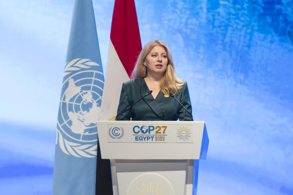Na snímke prezidentka SR Zuzana Čaputová počas prejavu na Klimatickej konferencii OSN COP 27 v egyptskom Šarm aš-Šajchu 7. novembra 2022. FOTO TASR - Michal Svítok