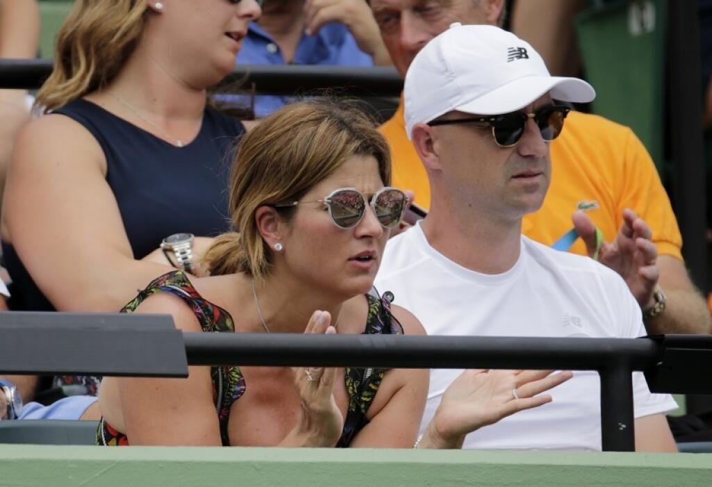 Mirka Federer, left, the wife of Roger Federer, and Roger's coach Ivan Ljubicic, right, watch Federer play against Rafael Nadal during the men's singles final at the Miami Open tennis tournament, Sunday, April 2, 2017, in Key Biscayne, Fla. (AP Photo/Lynne Sladky)