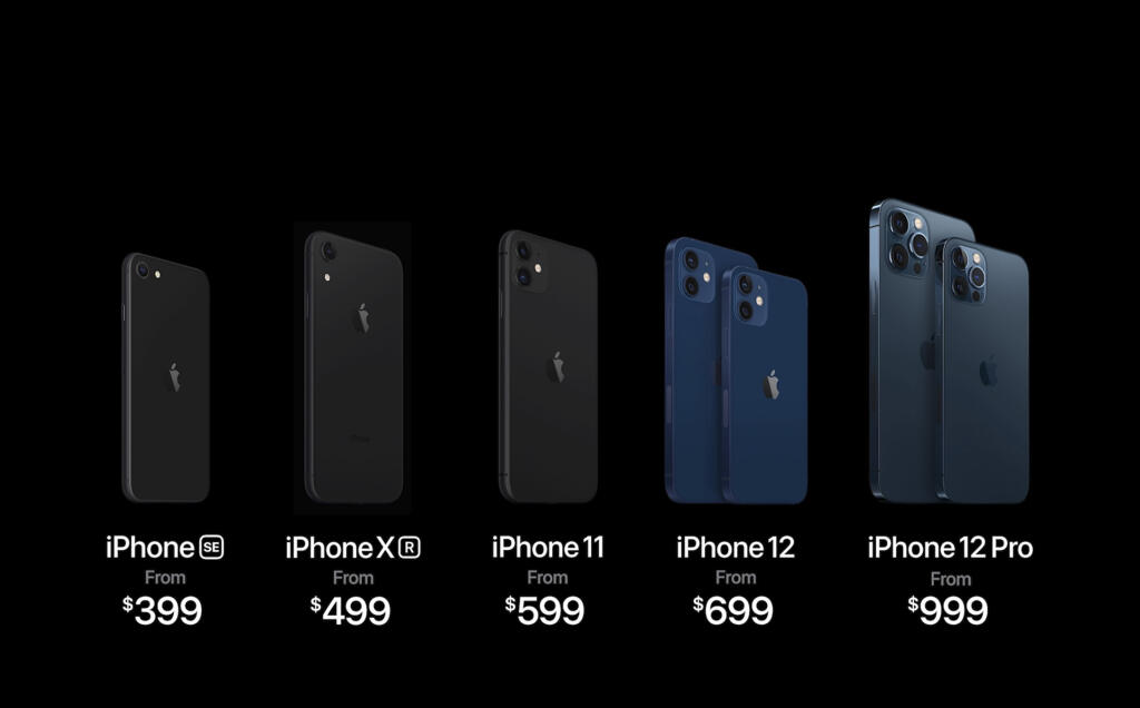 WA 39 - Americká spoločnosť Apple predstavila nové iPhony 12 s 5G a inteligentný reproduktor HomePod mini počas prenosu z kalifornských priestorov spoločnosti Apple v utorok 13. októbtra 2020. Na snímke nové modely iPhonov 12 aj s cenami v amerických dolároch. FOTO TASR/AP


This image provided by Apple shows models of new iPhones, along with the iPhone 11 at center, showing prices, which Apple unveiled Tuesday, Oct. 13, 2020. The iPhone models unveiled will launch at different times. The iPhone