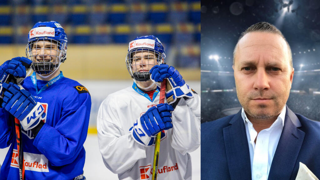 Juraj Slafkovský a Šimon Nemec, vpravo hokejový agent Marcel Sakáč ml.