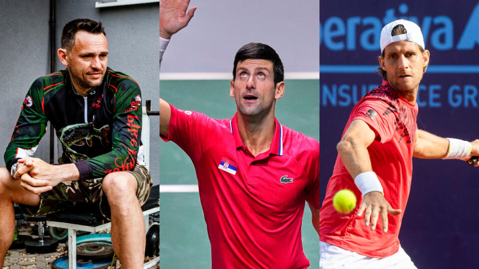 Zľava Ján Krošlák, Novak Djokovič, Martin Kližan.