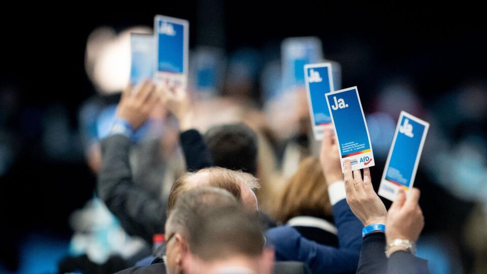 WA 3 Drážďany - Delegáti hlasujú počas zjazdu krajne pravicovej strany Alternatíva pre Nemecko (AfD) v Drážďanoch, ktorého cieľom je schváliť program pre septembrové voľby do Spolkového snemu v sobotu 10. apríla 2021. FOTO TASR/DPA


10.04.2021, Sachsen, Dresden: Die Delegierten zeigen in der Dresdener Messehalle beim Bundesparteitag der AfD ihre Stimmkarten. Ein Thema ist der Beschluss des Wahlprogramms für die Bundestagswahl. Foto: Kay Nietfeld/dpa +++ dpa-Bildfunk +++