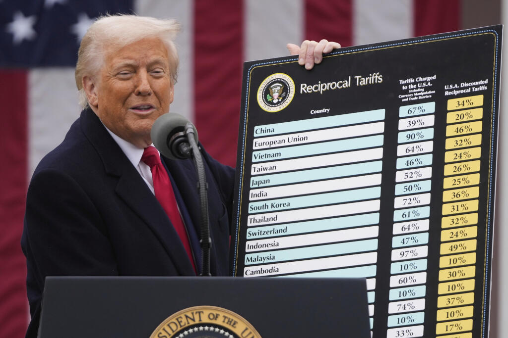 WA 2 Washington - Americký prezident Donald Trump oznamuje zavedenie nových ciel v Ružovej záhrade Bieleho domu vo Washingtone v stredu 2. apríla 2025. Nové clá začnú platiť 5. a 9. apríla. S odvolaním sa na Biely dom o tom informovala agentúra AFP, píše TASR. Biely dom novinárom oznámil, že „základná“ desaťpercentná sadzba sa začne uplatňovať 5. apríla o 12.01 h miestneho času (05.01 h SELČ), zatiaľ čo vyššie sadzby budú platiť od 9. apríla o 12.01 h miestneho času.FOTO TASR/AP 

President Dona