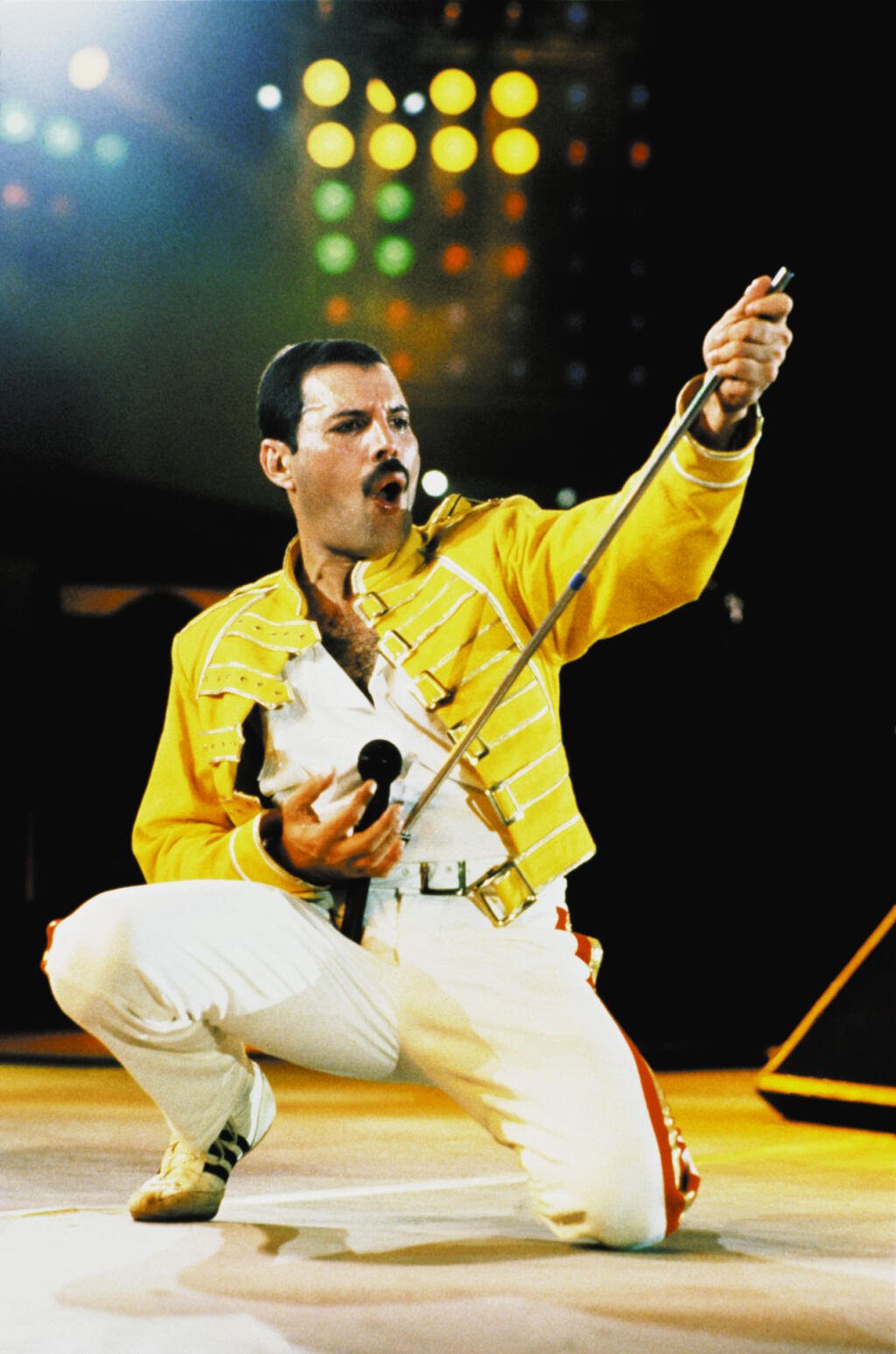 Freddie Mercury v roku 1985 na koncerte Live Aid vo Wembley.