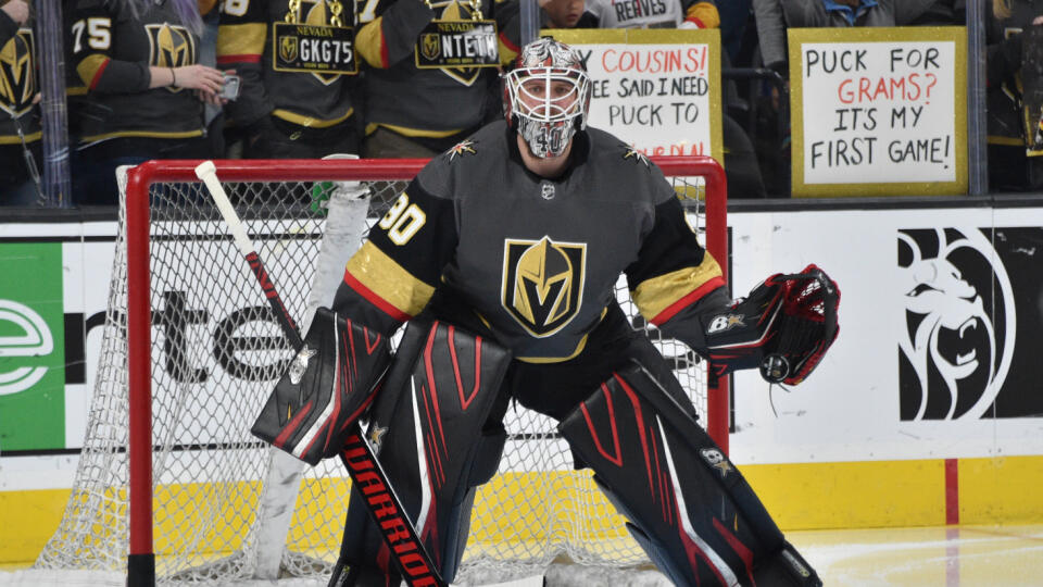 LAS VEGAS, NEVADA - FEBRUARY 28: Robin Lehner #90 of the Vegas Golden Knights warms up prior to a game against the Buffalo Sabres at T-Mobile Arena on February 28, 2020 in Las Vegas, Nevada. (Photo by David Becker/NHLI via Getty Images)