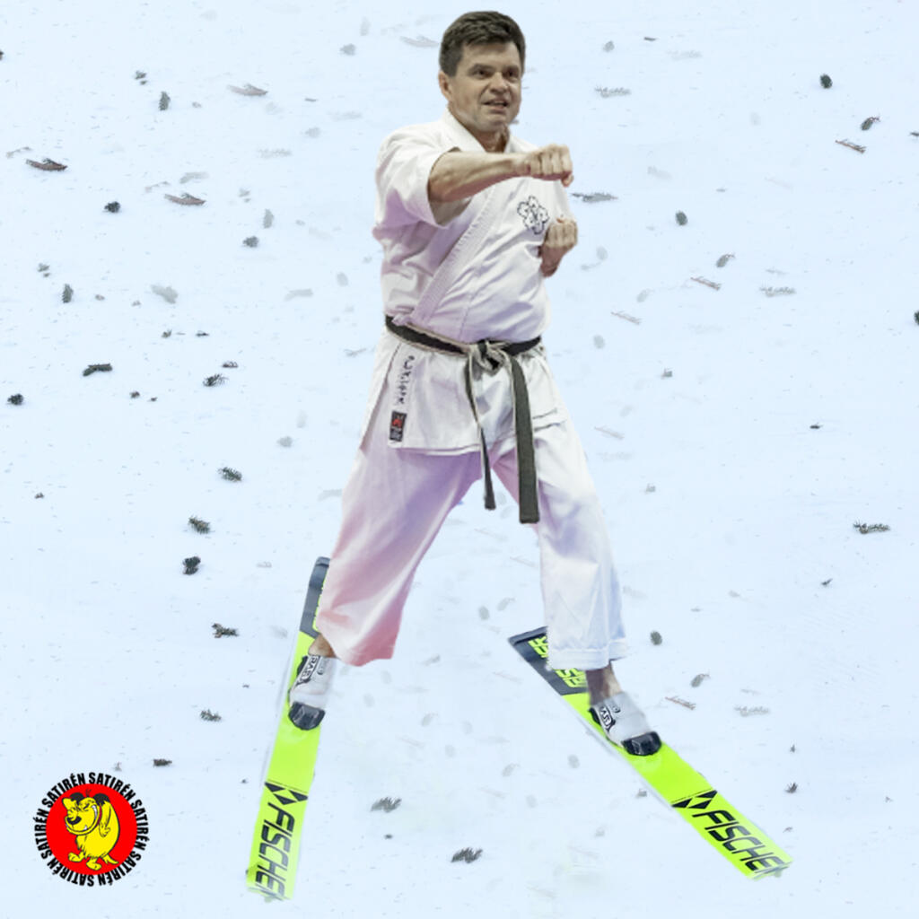 Ako by to vyzeralo, keby na olympiáde bojovali o medaily naši politici? Peter Plavčan a jeho bojová póza po dopade v skokoch na lyžiach.