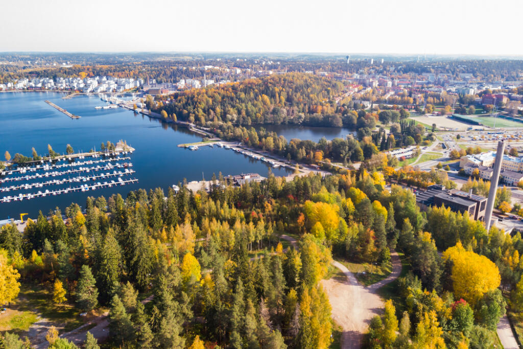 Aerial,View,To,Lahti,City,And,Harbor,At,Autumn,Morning,