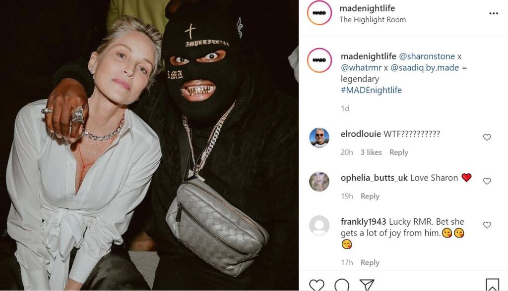 Hollywoodska herečka Sharon Stone našla údajne po 60-ke znova lásku a vrhla sa do víru randenia. Po jej boku sa poslednou dobou čoraz častejšie objavuje mladý, len 25 ročný raper, ktorý si hovorí RMR a kuklou si zakrýva svoju tvár.