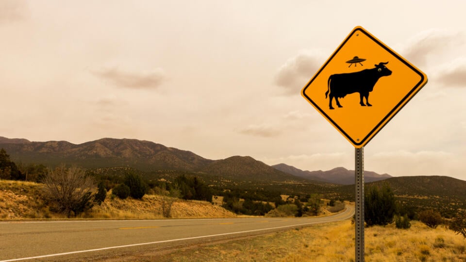 Cow,Alien,Abduction,Road,Sign,Along,The,Turqoise,Trail,,Route