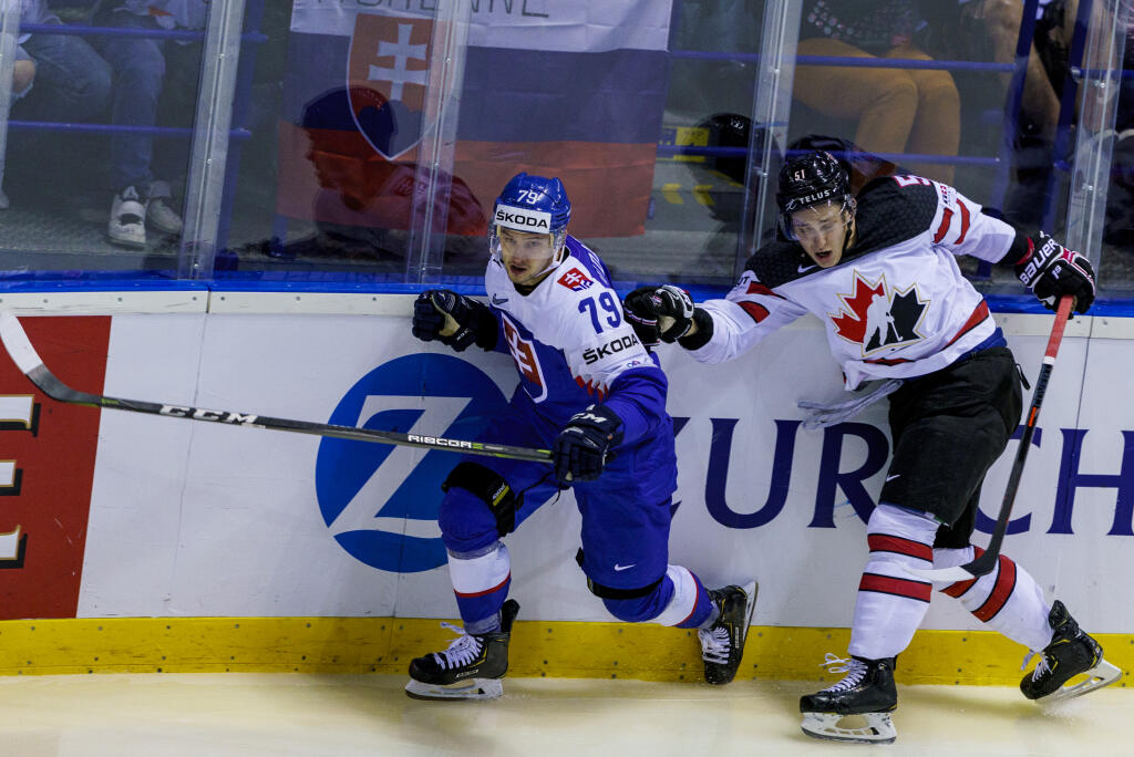 Na snímke Libor Hudáček a Troy Stecher počas zápasu A skupiny hokejových Majstrovstiev sveta IIHF 2019 medzi reprezentáciami Slovenska a Kanady.