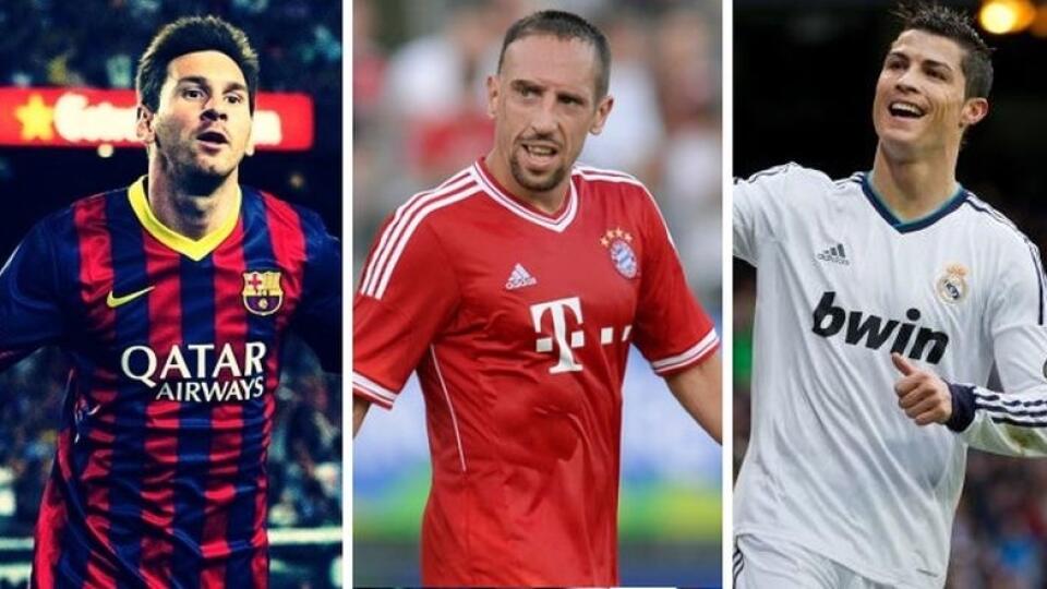 Zľava Messi, Ribéry a Ronaldo.