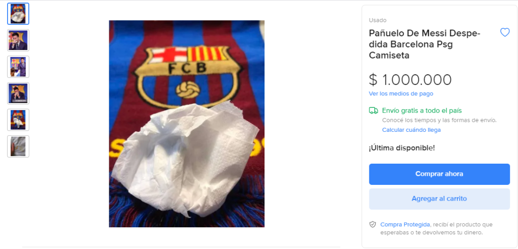 Niekto ponúka vreckovku, ktorú označil za Messiho vreckovku z rozlúčkovej tlačovky s Barcelonou, za milión dolárov.