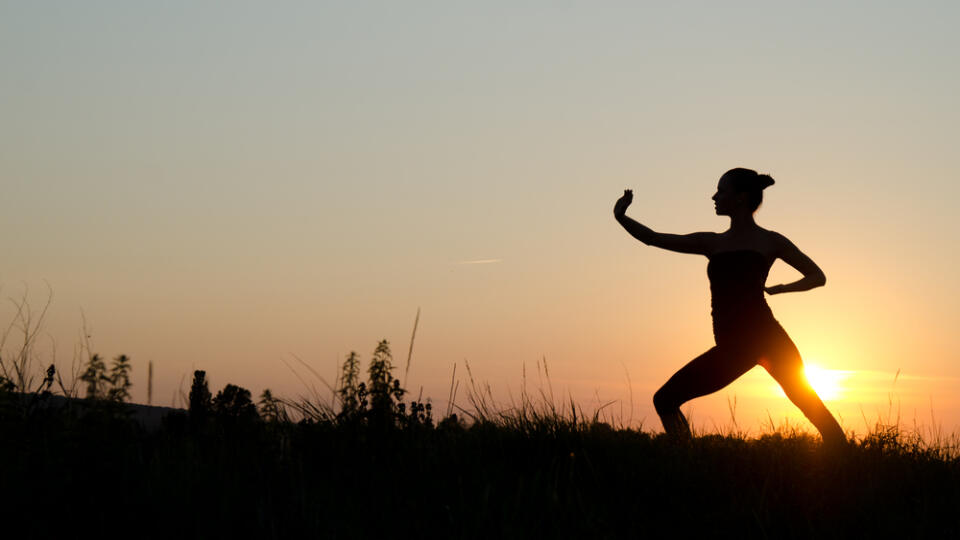 Woman,Praticing,Tai,Chi,Chuan,At,Sunset.