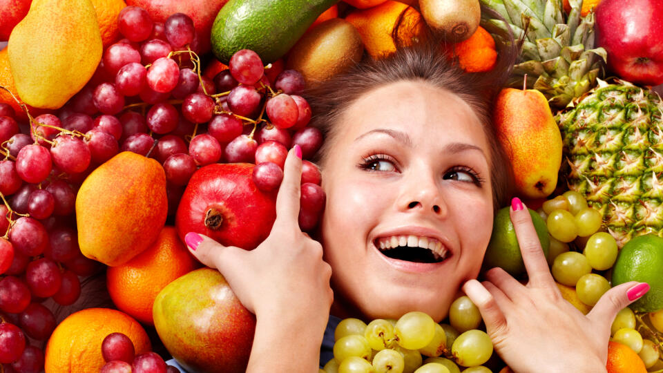 Young,Woman,In,Group,Of,Fruit.,Healthcare.