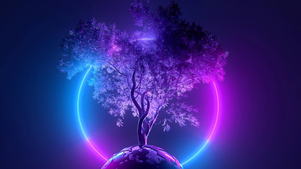 Abstract,Neon,Background,,Mystical,Cosmic,Tree,Sprouting,Through,A,Round