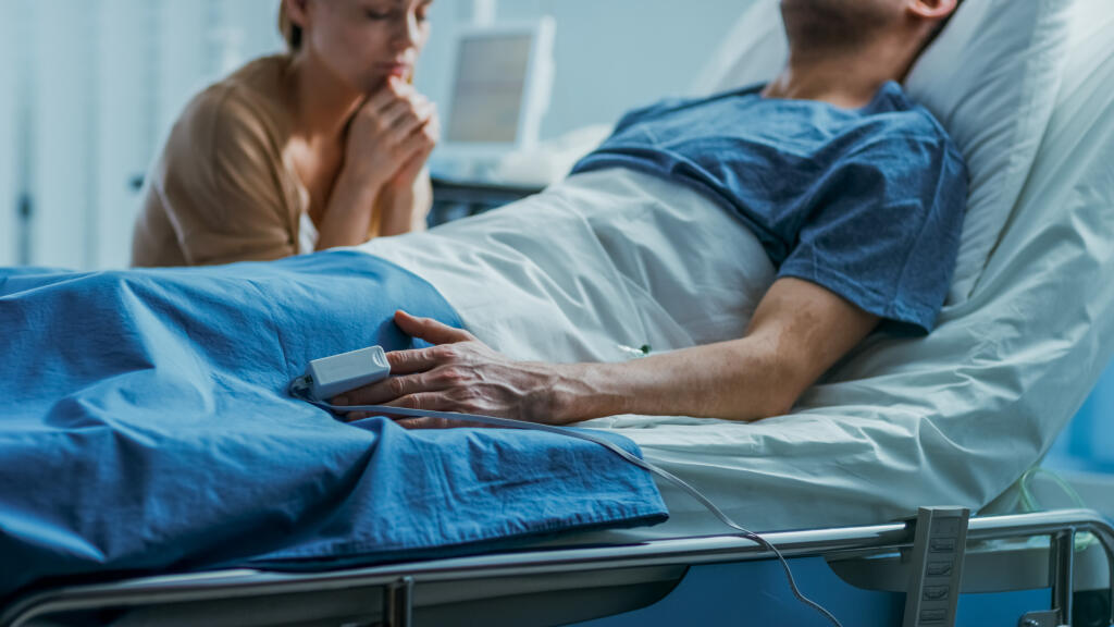 In,The,Hospital,Sick,Man,Lying,On,The,Bed,,His
