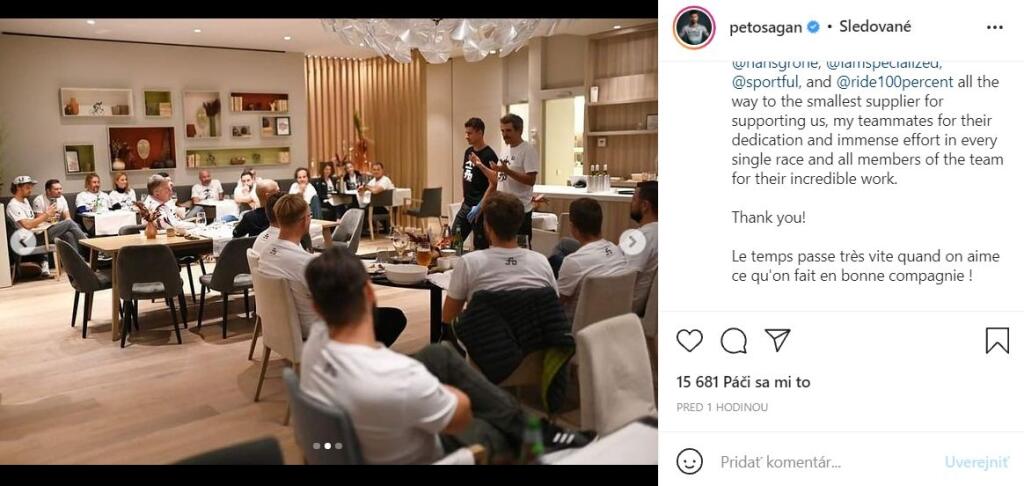 Peter Sagan s Ralphom Denkom počas rozlúčkovej večere s tímom Bora Hansgrohe.