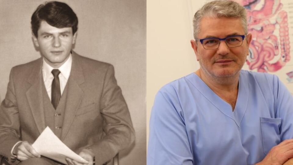 Doktor Miloš Bubán ako čerstvý hlásateľ v roku 1982 a vo svojej gastroenterologickej ambulancii v roku 2019.