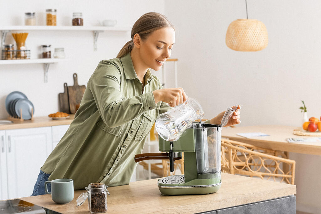 Young,Woman,Pouring,Water,Into,Coffee,Machine,In,Kitchen