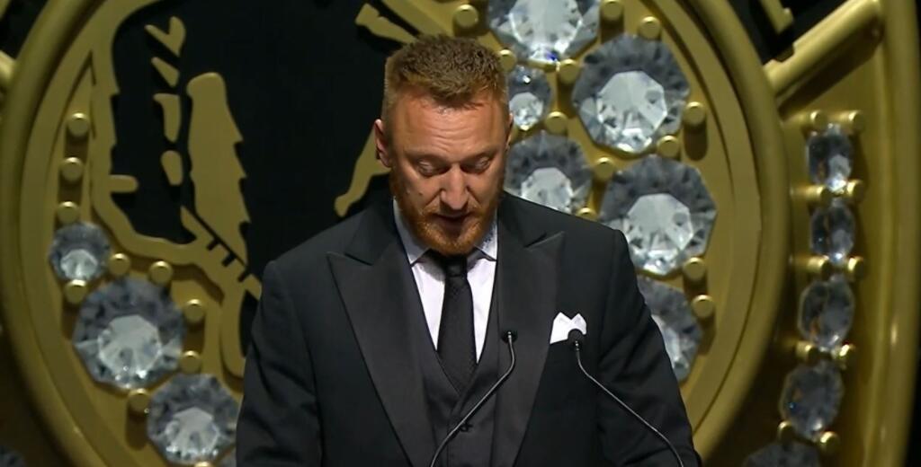 Marián Hossa počas príhovoru pred oficiálnym uvedením do Siene slávy v Toronte.
