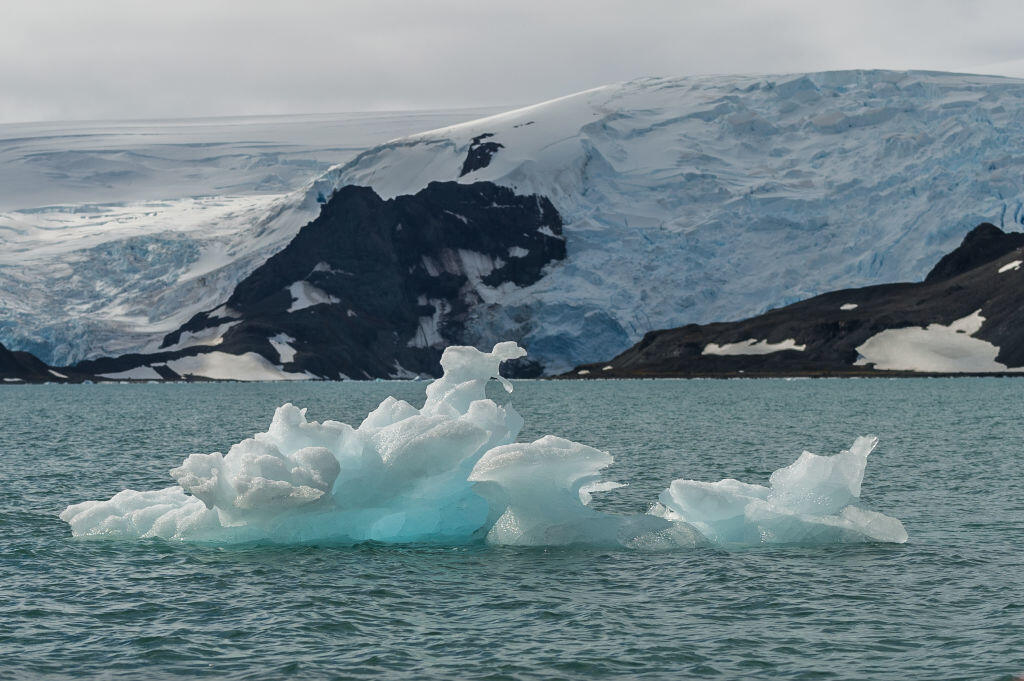 KING GEORGE ISLAND, ANTARCTICA - JANUARY 04: Detail of sculpted Iceberg floating in the Martel Cove with the Dobrowolski Glacier in the background, on January 04, 2020 in King George Island, Antarctica. (Photo by Alessandro Dahan/Getty Images)