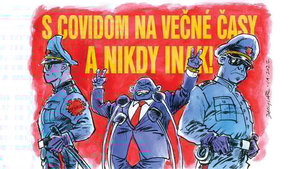 covid, totalita, ilustracia