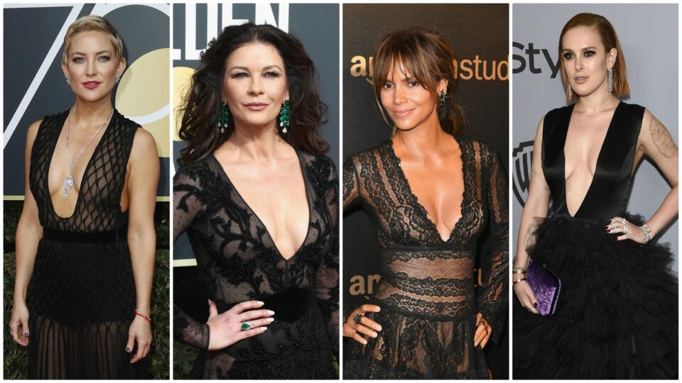 Aj napriek tichému protestu na Zlatých glóbusoch sa nebáli ukázať výstrih. Zľava: Kate Hudson, Catherine Zeta-Jones, Halle Berry a Rumer Willis