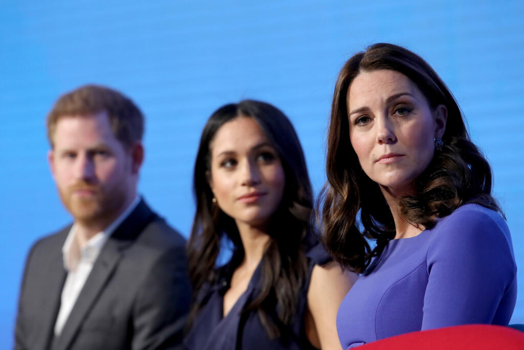 LONDON, ENGLAND - FEBRUARY 28: (L-R) Prince Harry, Meghan Markle and Catherine, Duchess of Cambridge attend the first annual Royal Foundation Forum held at Aviva on February 28, 2018 in London, England. Under the theme 'Making a Difference Together', the event will showcase the programmes run or initiated by The Royal Foundation. (Photo by Chris Jackson - WPA Pool/Getty Images)