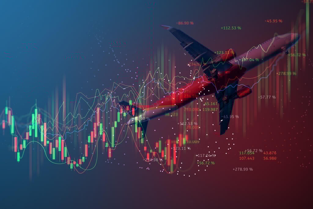 Travel,Business,Stock,Market,Chart,With,Plane,Airline,Transportation,On