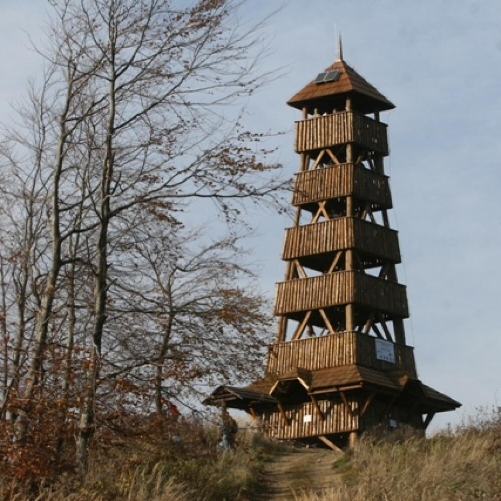 Rozhľadňa Púchovskej doliny: Drevená rozhladňa na Tlstej hore nad obcou Dohňany.